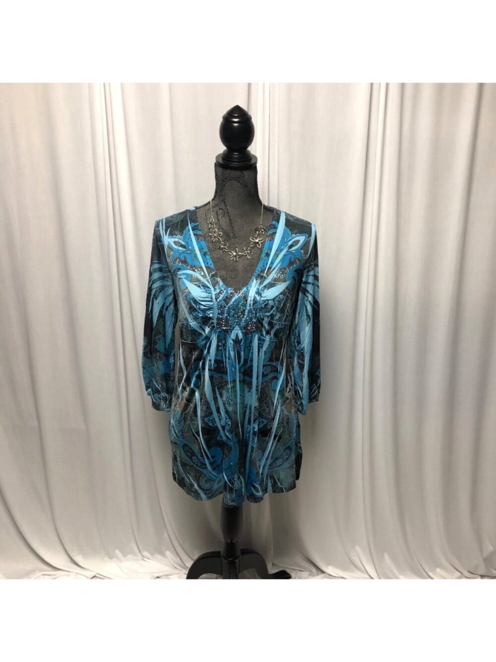 Apt 9 Top Womens Size Medium Blue Bedazzled Stretchy V-Neck Tunic Boho Fairy Y2K